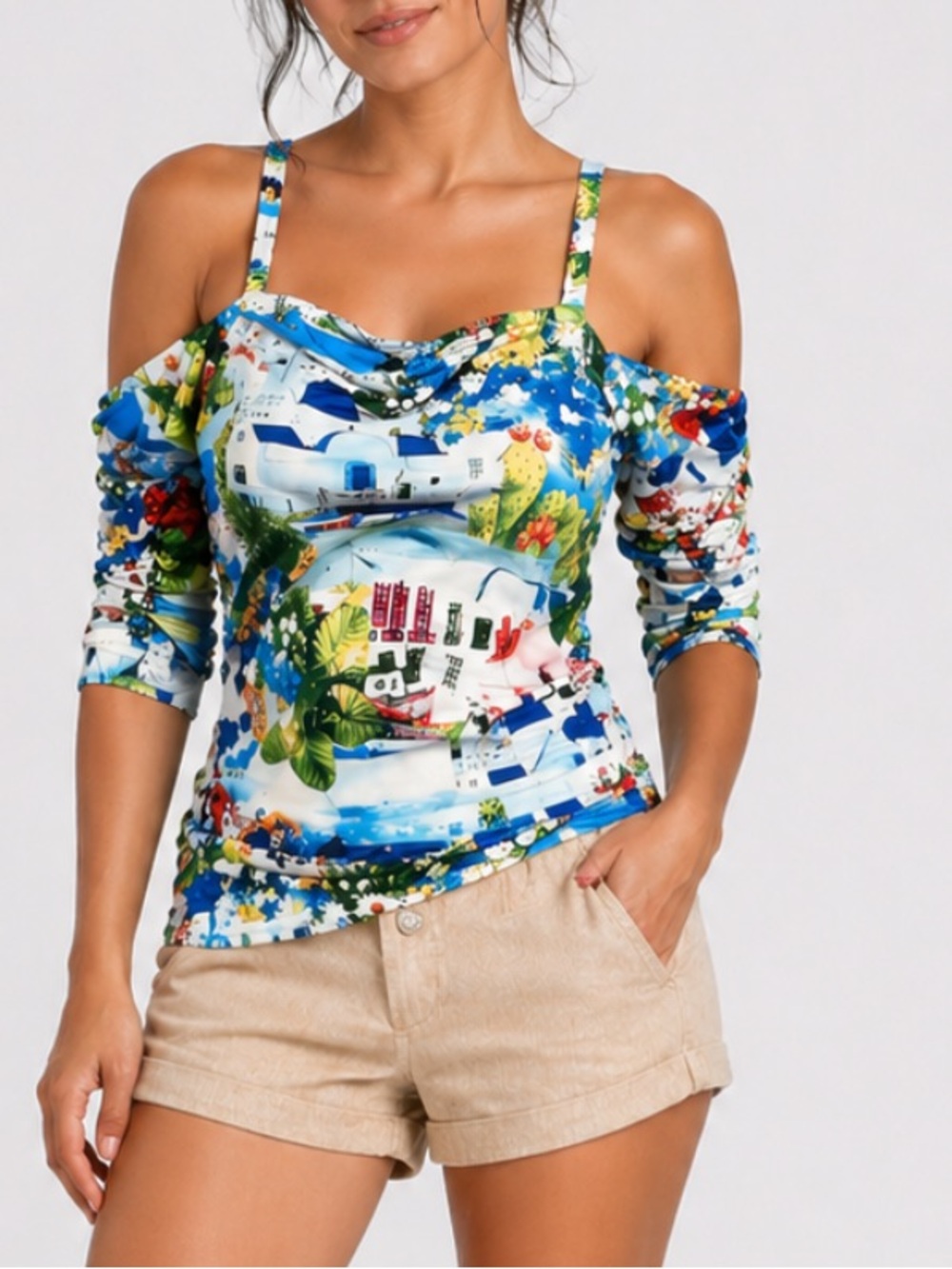 Boston Proper Cold Shoulder Rouge 3/4 Sleeve Cowl Neckline Tropical Top Size XS